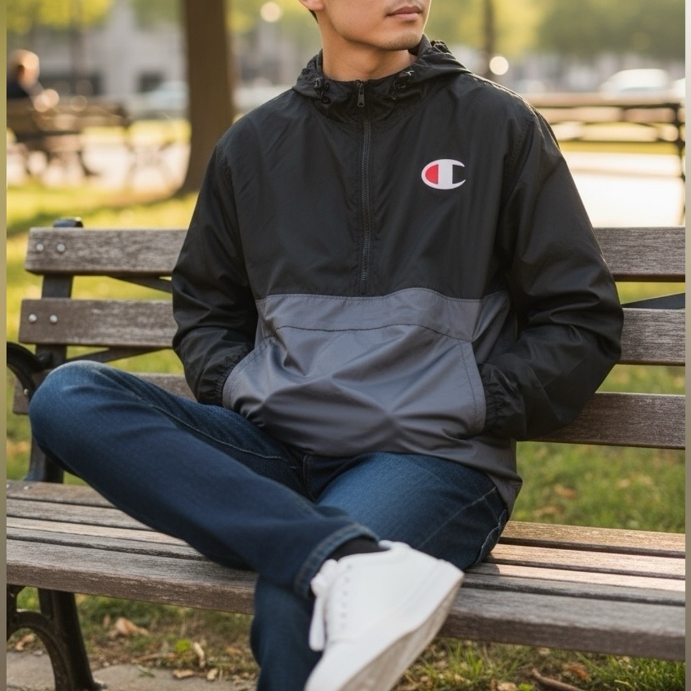 Champion Men’s Windbreaker Jacket Black & Gray (Size 1XL)